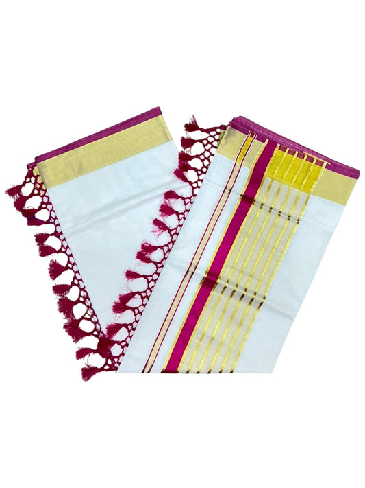 Southloom Pure Cotton Kerala Kasavu Saree with Gold Stripes on Body with Pink Borders SL449