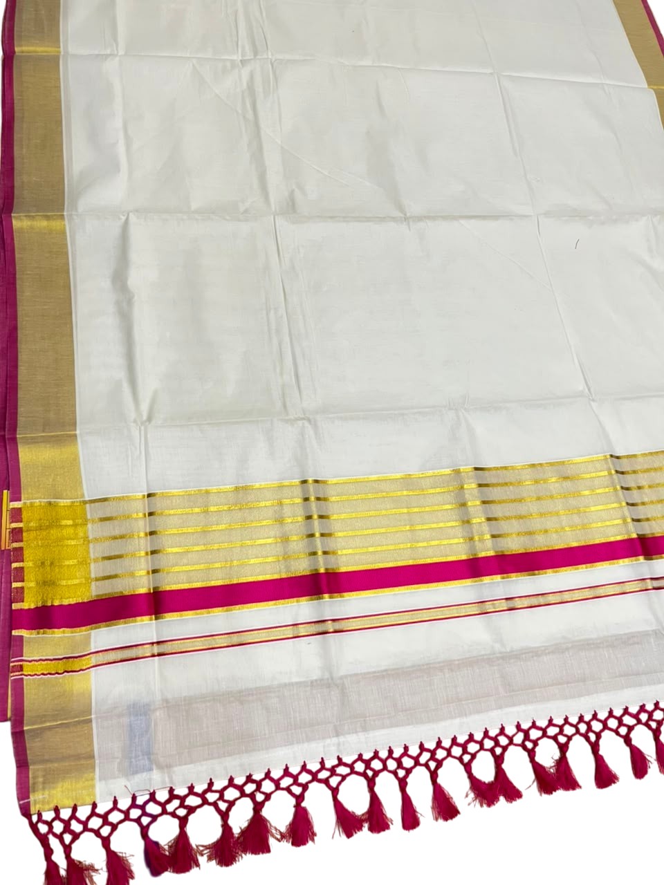 Southloom Pure Cotton Kerala Kasavu Saree with Gold Stripes on Body with Pink Borders SL449