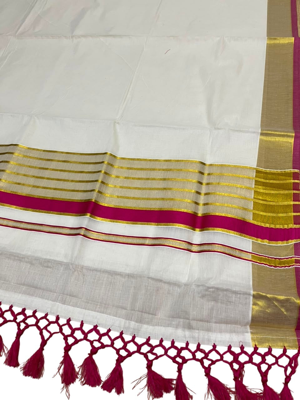Southloom Pure Cotton Kerala Kasavu Saree with Gold Stripes on Body with Pink Borders SL449