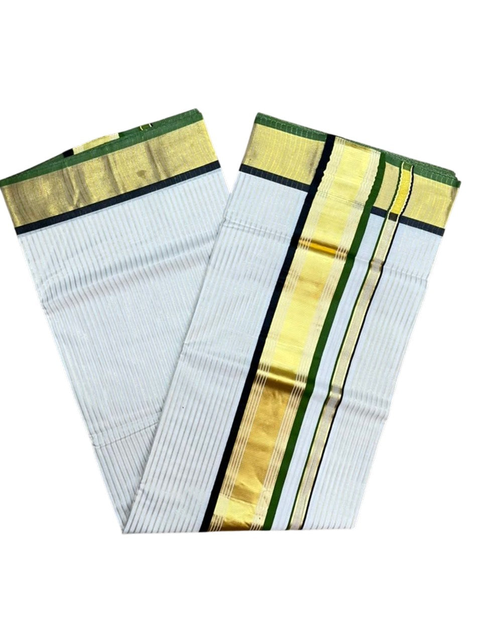 Southloom Kerala Cotton Kasavu Saree with Stripes on Body in Black and Olive Green SL528