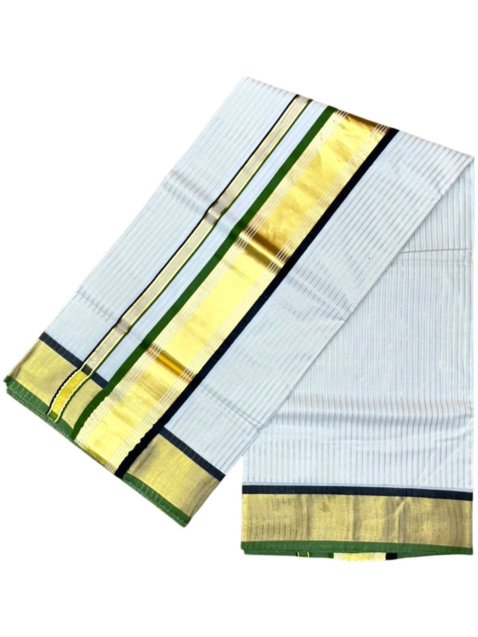 Southloom Kerala Cotton Kasavu Saree with Stripes on Body in Black and Olive Green SL528