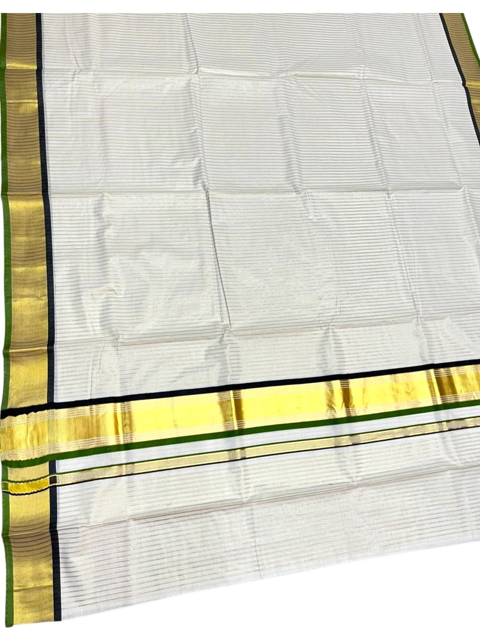 Southloom Kerala Cotton Kasavu Saree with Stripes on Body in Black and Olive Green SL528