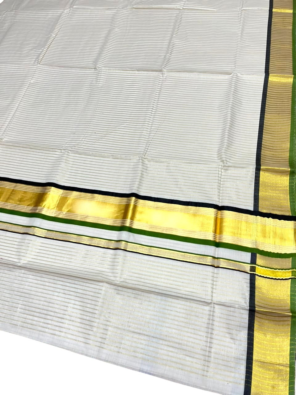 Southloom Kerala Cotton Kasavu Saree with Stripes on Body in Black and Olive Green SL528