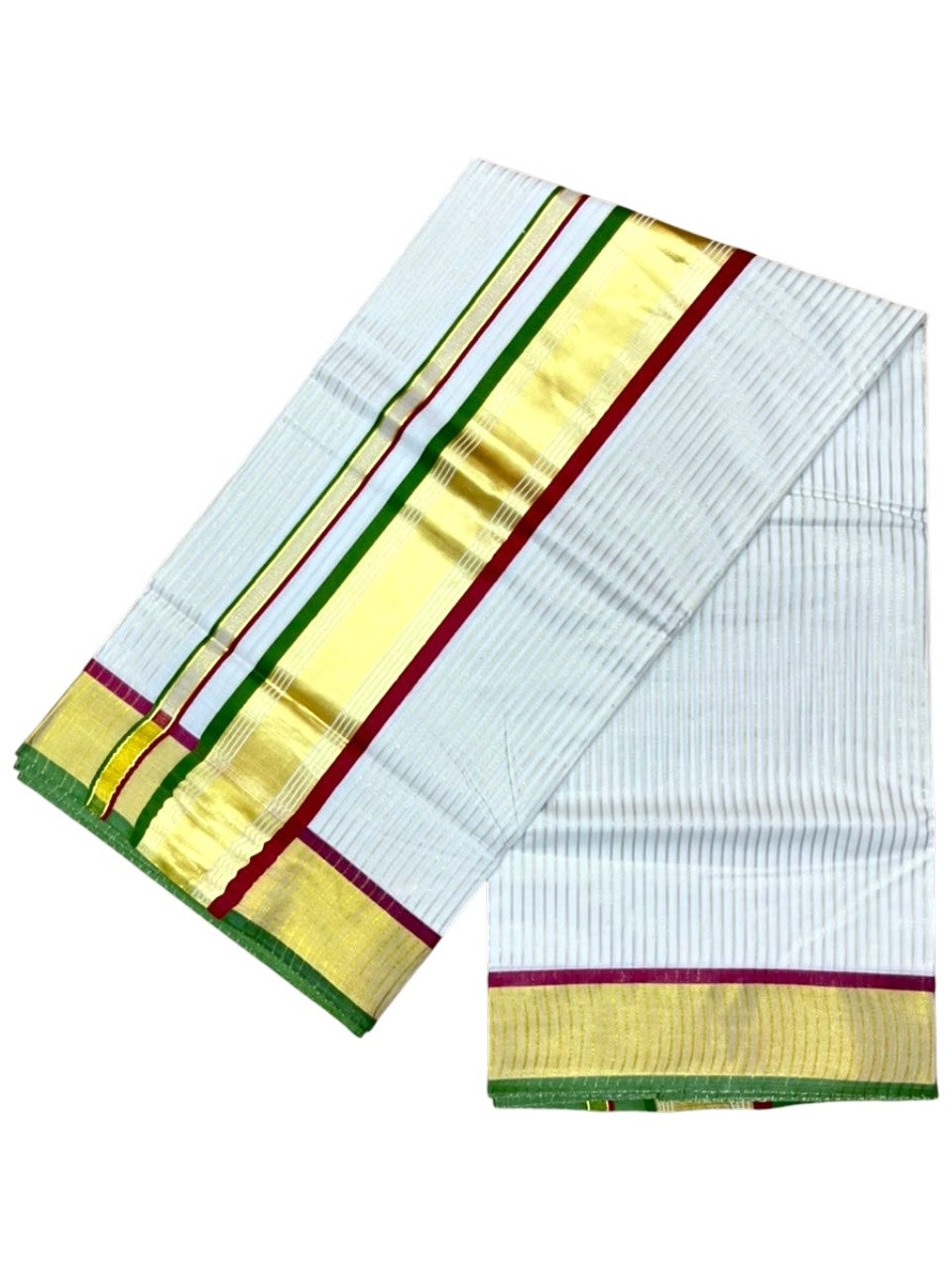 Southloom Kerala Cotton Kasavu Saree with Stripes on Body in Maroon and Olive Green SL528