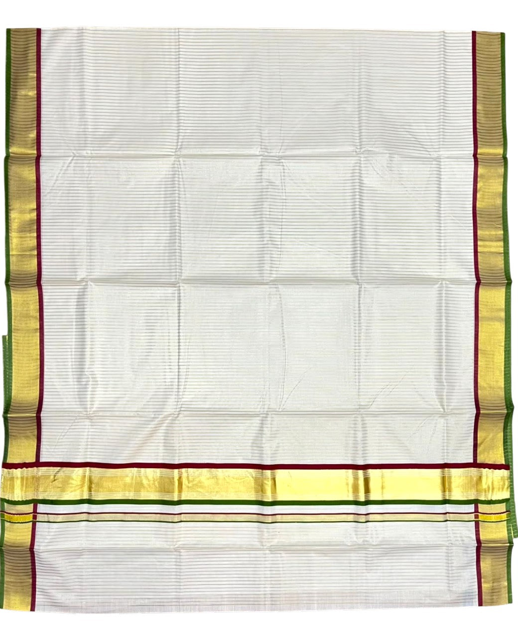 Southloom Kerala Cotton Kasavu Saree with Stripes on Body in Maroon and Olive Green SL528