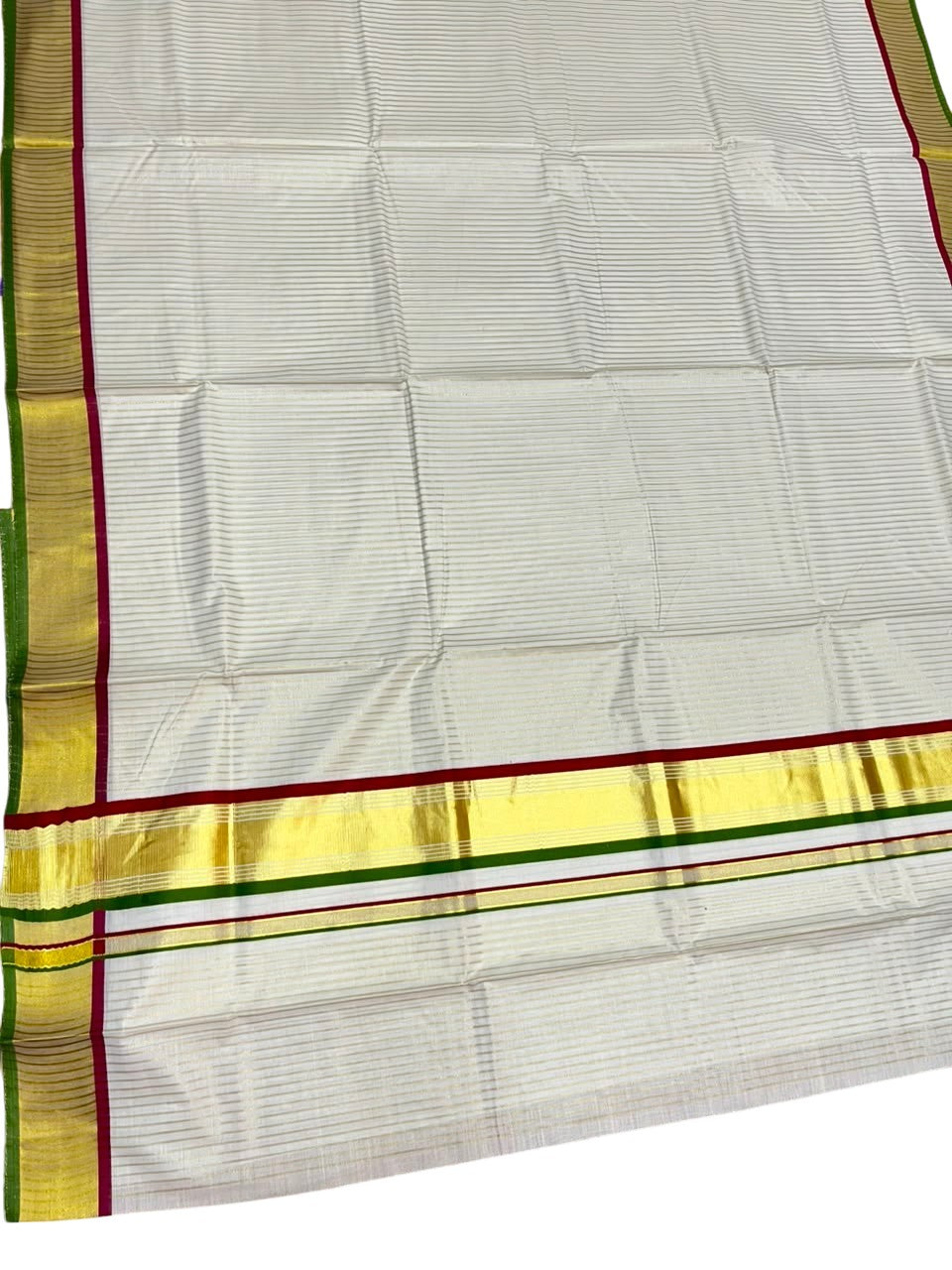 Southloom Kerala Cotton Kasavu Saree with Stripes on Body in Maroon and Olive Green SL528