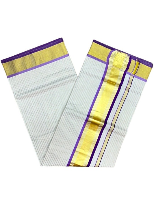 Southloom Kerala Cotton Kasavu Saree with Stripes on Body in Violet and Lavender SL528