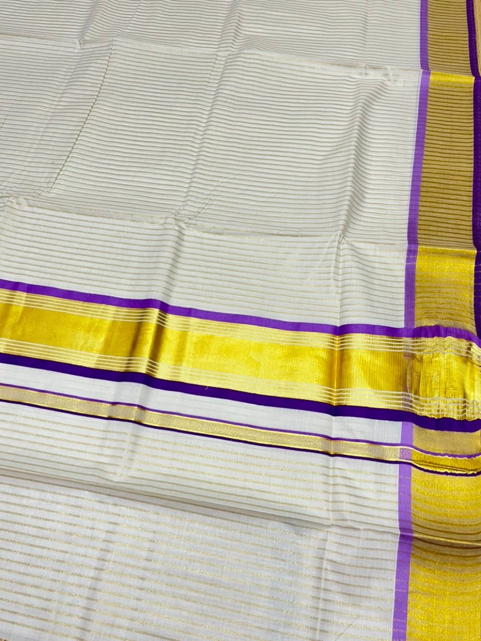 Southloom Kerala Cotton Kasavu Saree with Stripes on Body in Violet and Lavender SL528