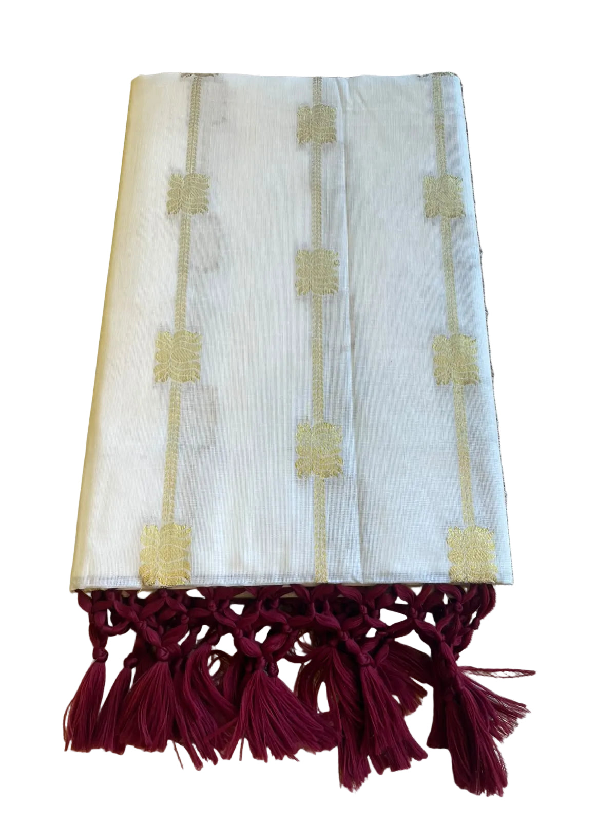Southloom Kerala Cotton Lotus Design Saree With Maroon Tassels SL532