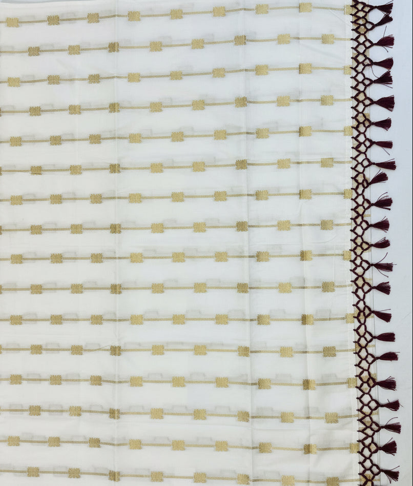 Southloom Kerala Cotton Lotus Design Saree With Maroon Tassels SL532