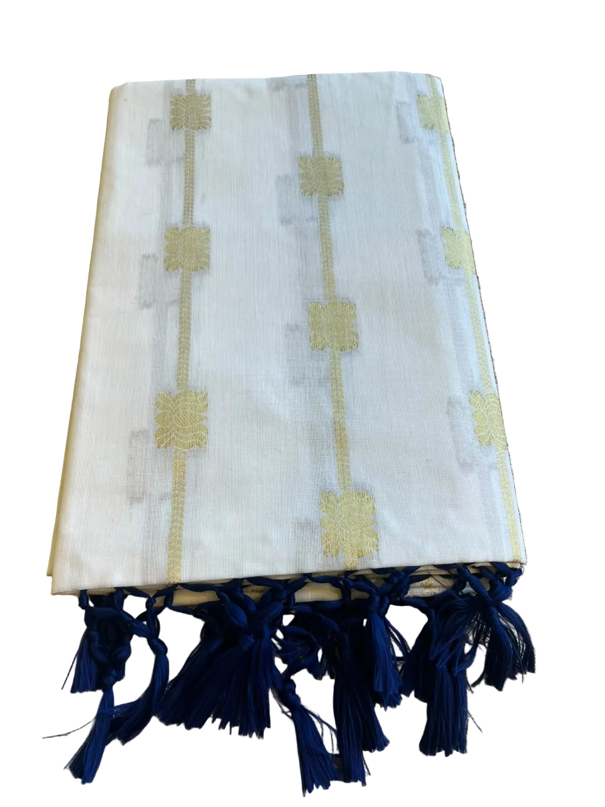 Southloom Kerala Cotton Lotus Design Saree With Blue Tassels SL532