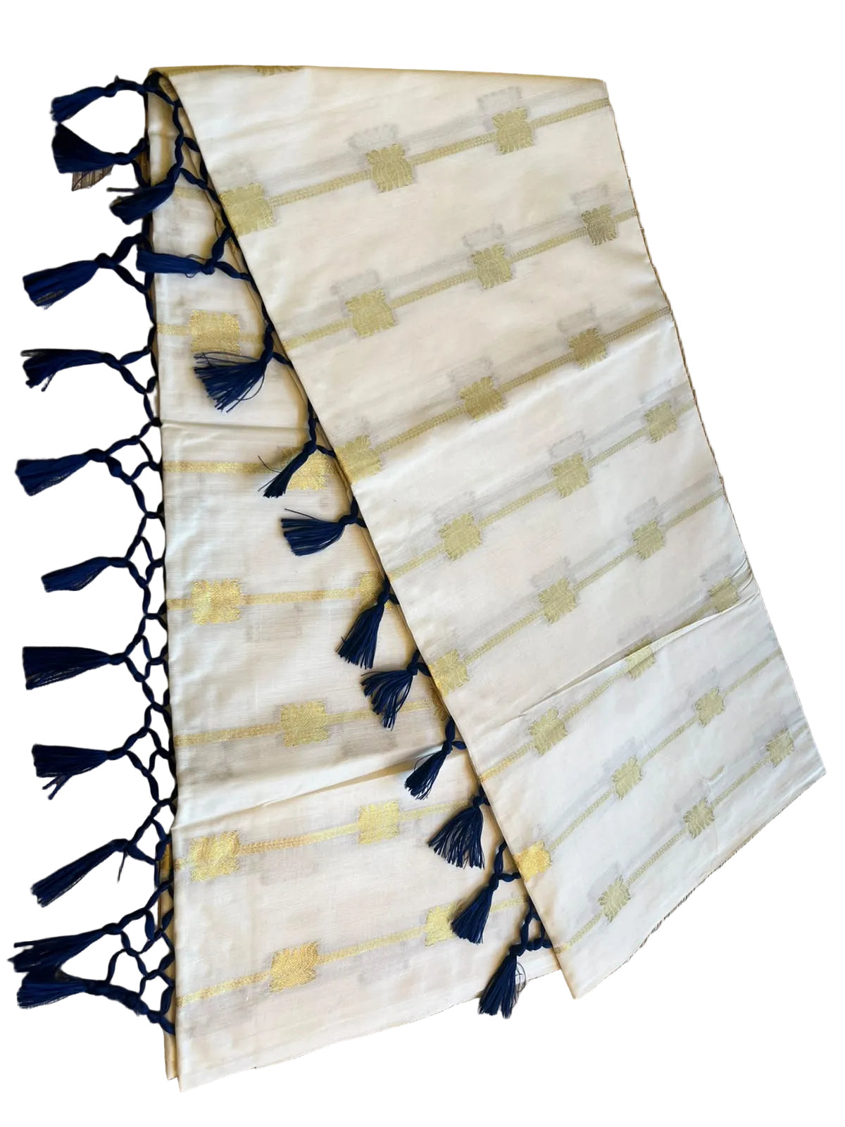 Southloom Kerala Cotton Lotus Design Saree With Blue Tassels SL532