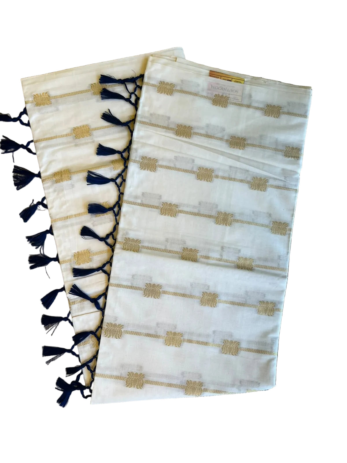 Southloom Kerala Cotton Lotus Design Saree With Blue Tassels SL532