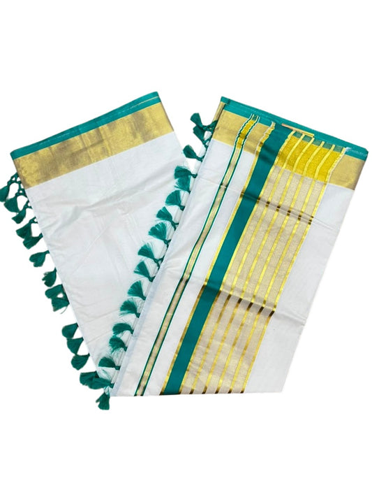 Southloom Pure Cotton Kerala Kasavu Saree with Gold Stripes on Body with Turquoise Borders SL449
