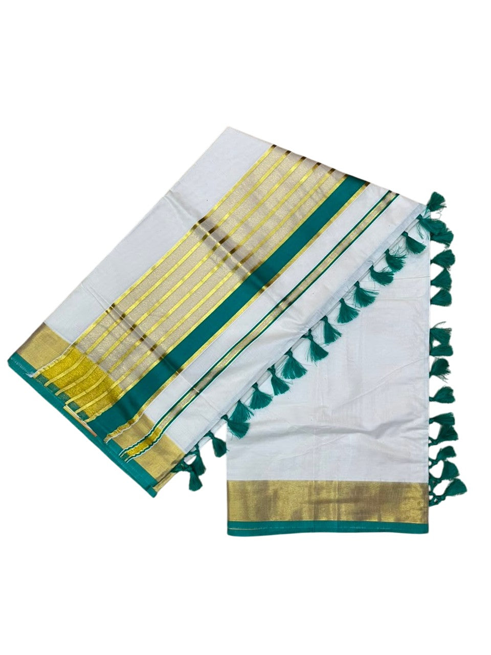 Southloom Pure Cotton Kerala Kasavu Saree with Gold Stripes on Body with Turquoise Borders SL449