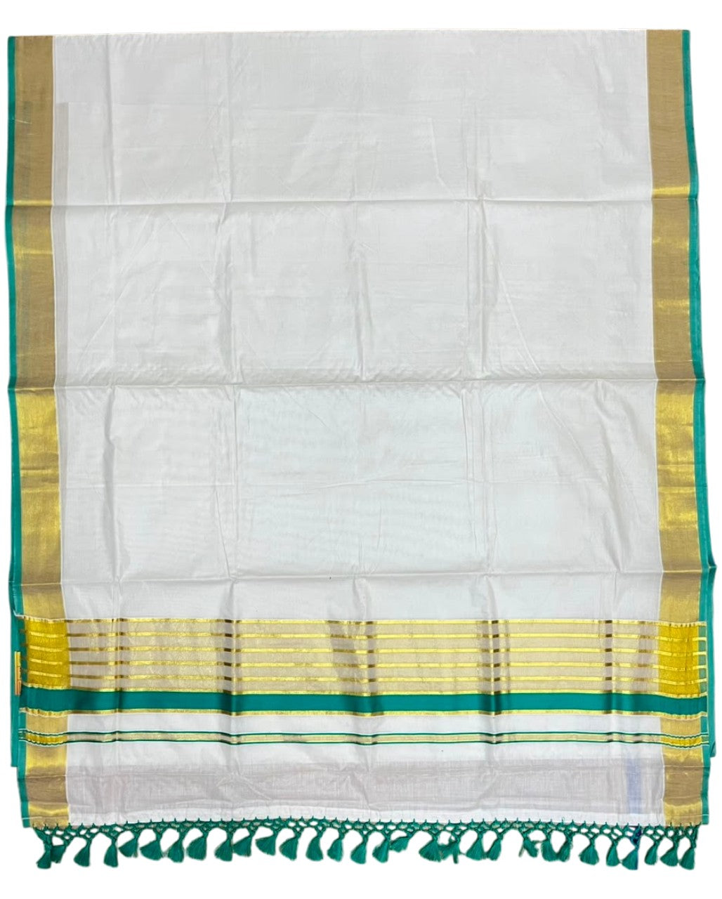 Southloom Pure Cotton Kerala Kasavu Saree with Gold Stripes on Body with Turquoise Borders SL449