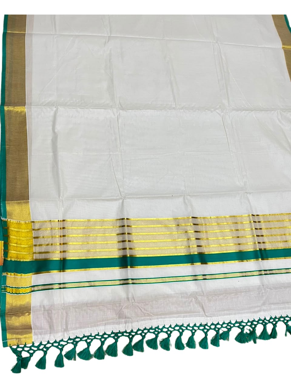 Southloom Pure Cotton Kerala Kasavu Saree with Gold Stripes on Body with Turquoise Borders SL449