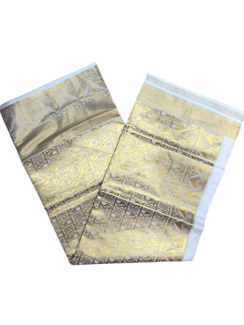Southloom Pure Cotton Kerala Kasavu Heavy Work Saree with Stripes on Body and Temple Design on Body and Borders SL535