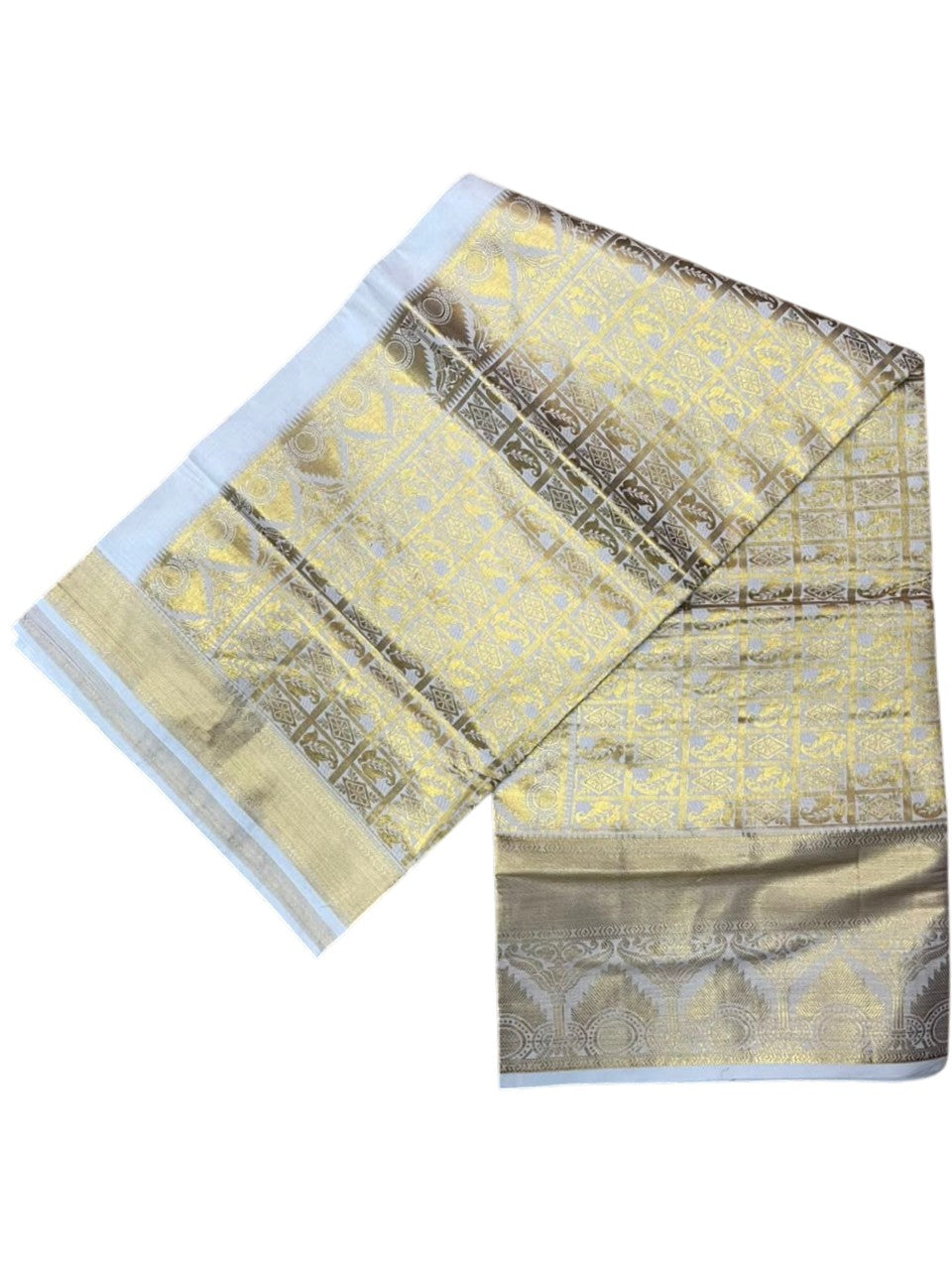Southloom Pure Cotton Kerala Kasavu Heavy Work Saree with Stripes on Body and Temple Design on Body and Borders SL535