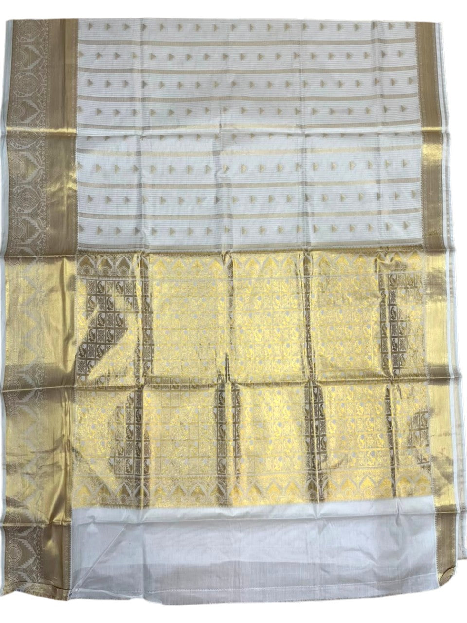 Southloom Pure Cotton Kerala Kasavu Heavy Work Saree with Stripes on Body and Temple Design on Body and Borders SL535