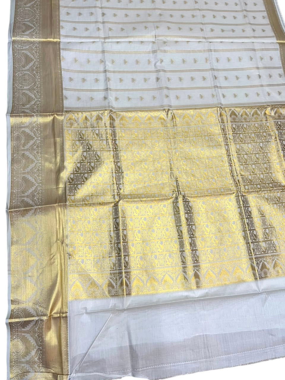 Southloom Pure Cotton Kerala Kasavu Heavy Work Saree with Stripes on Body and Temple Design on Body and Borders SL535