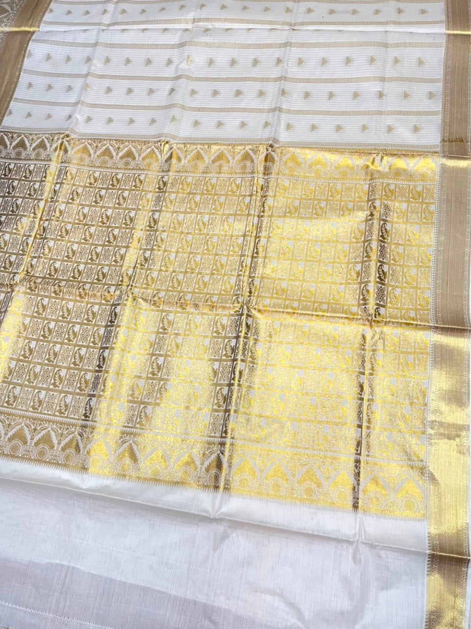 Southloom Pure Cotton Kerala Kasavu Heavy Work Saree with Stripes on Body and Temple Design on Body and Borders SL535