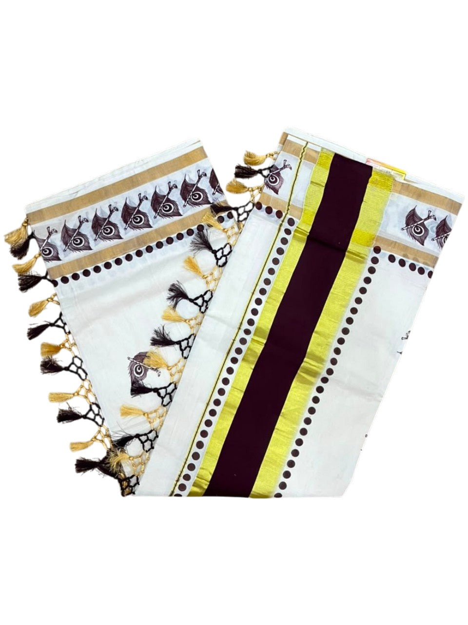 Southloom Cotton Kerala Kasavu Saree with Digital Print on Body With Polka Borders in Brown SL519
