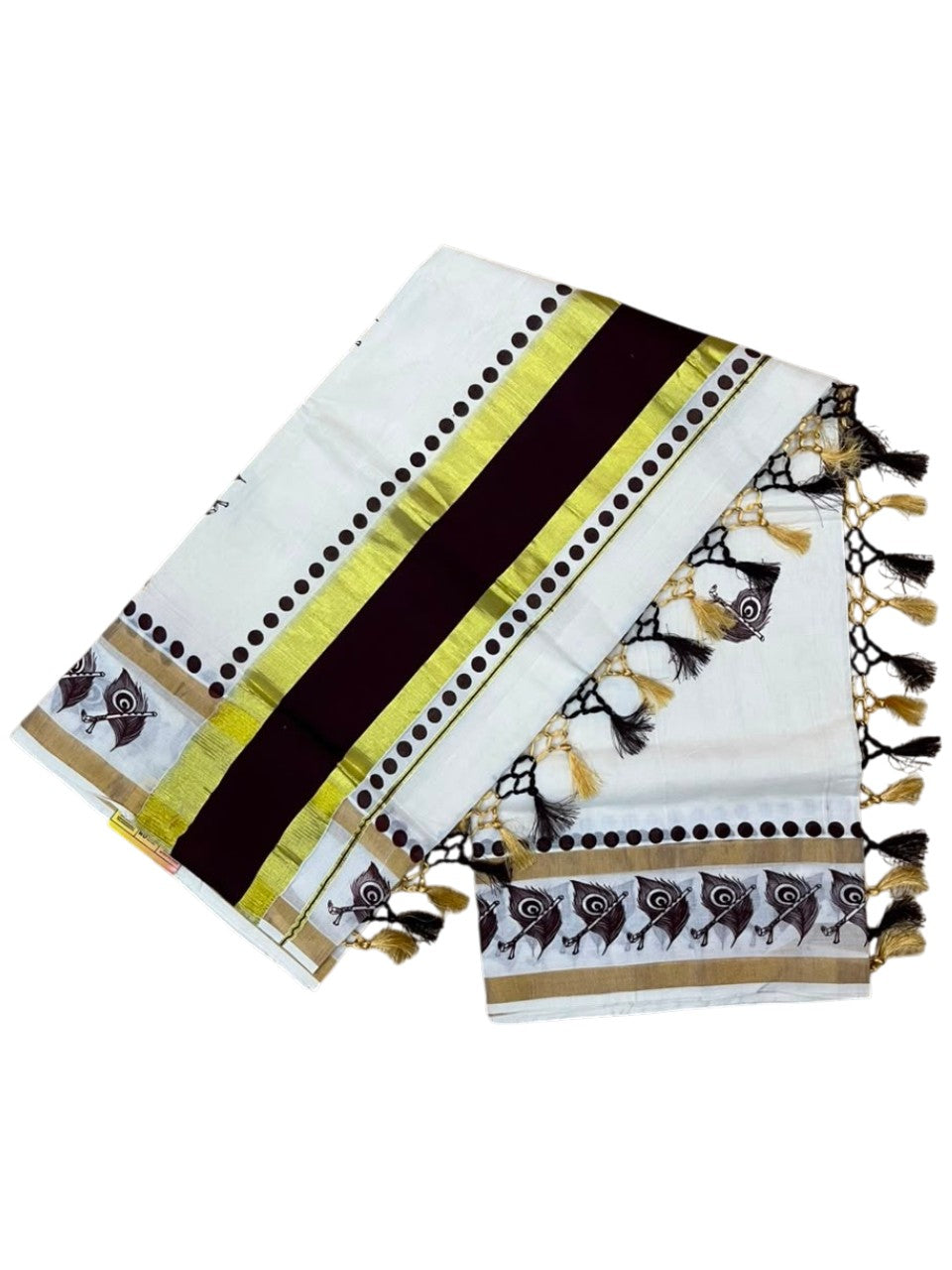 Southloom Cotton Kerala Kasavu Saree with Digital Print on Body With Polka Borders in Brown SL519