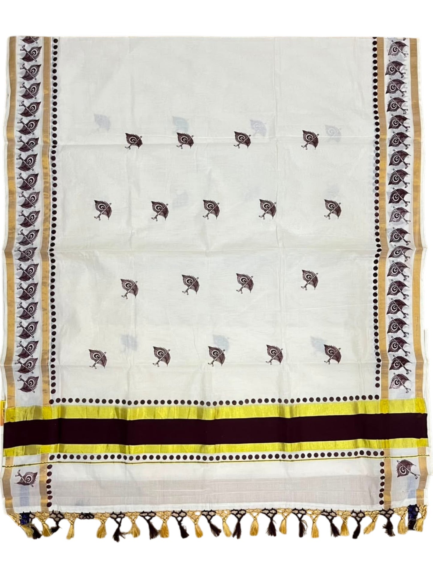 Southloom Cotton Kerala Kasavu Saree with Digital Print on Body With Polka Borders in Brown SL519