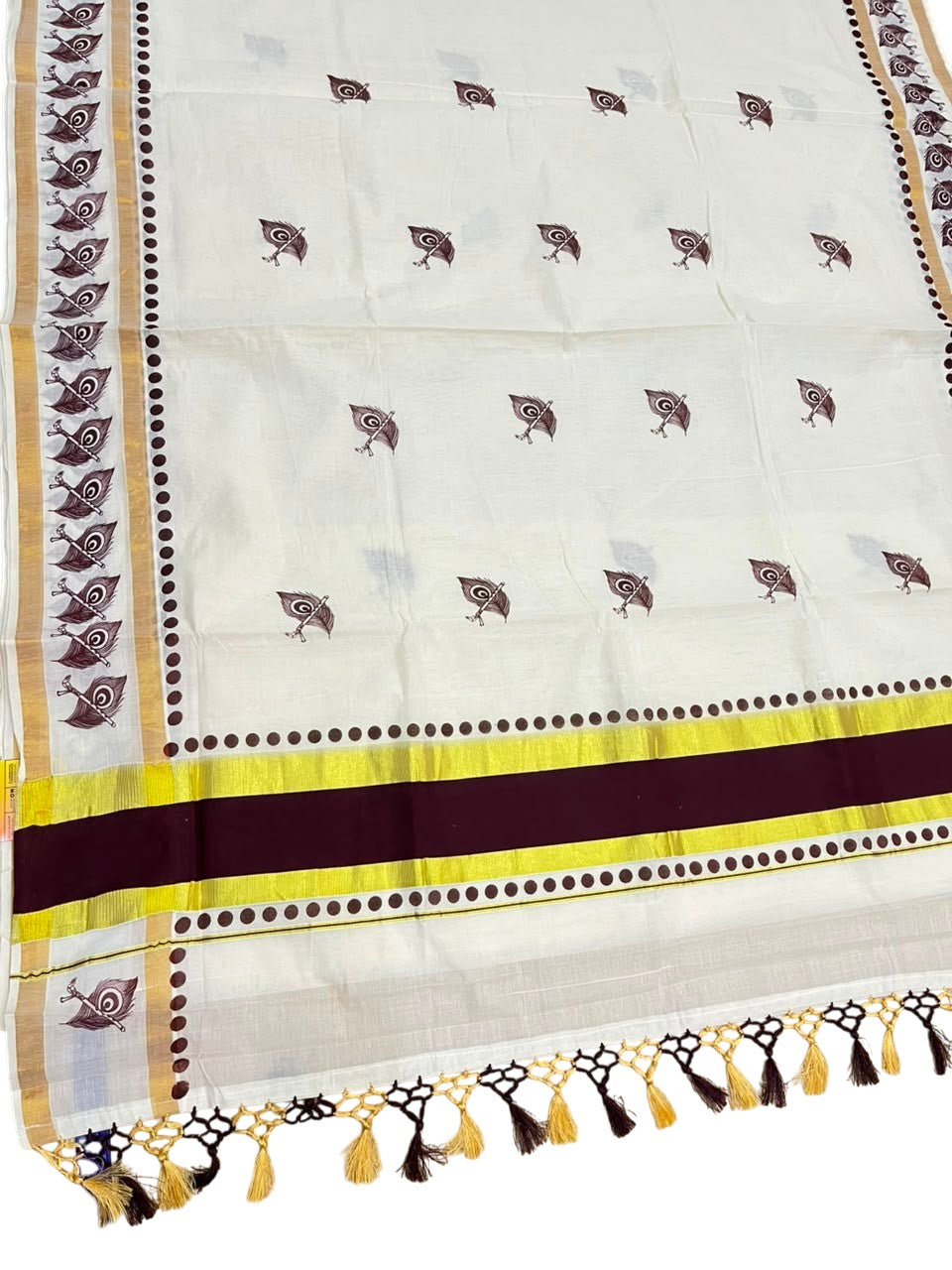 Southloom Cotton Kerala Kasavu Saree with Digital Print on Body With Polka Borders in Brown SL519