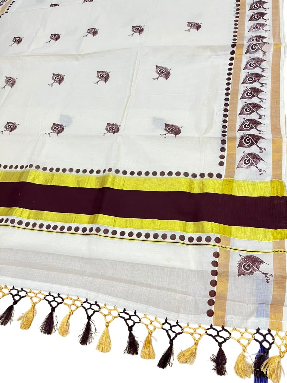 Southloom Cotton Kerala Kasavu Saree with Digital Print on Body With Polka Borders in Brown SL519