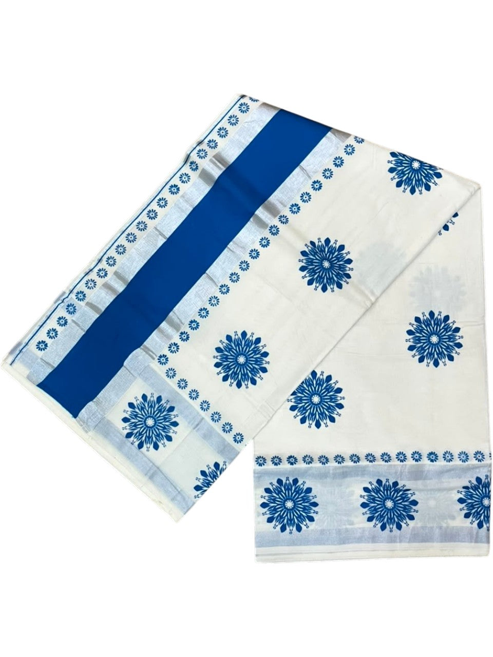 Southloom Cotton Kerala Kasavu Saree with Digital Print on Body in Blue SL533