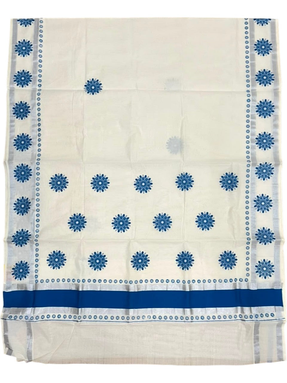 Southloom Cotton Kerala Kasavu Saree with Digital Print on Body in Blue SL533