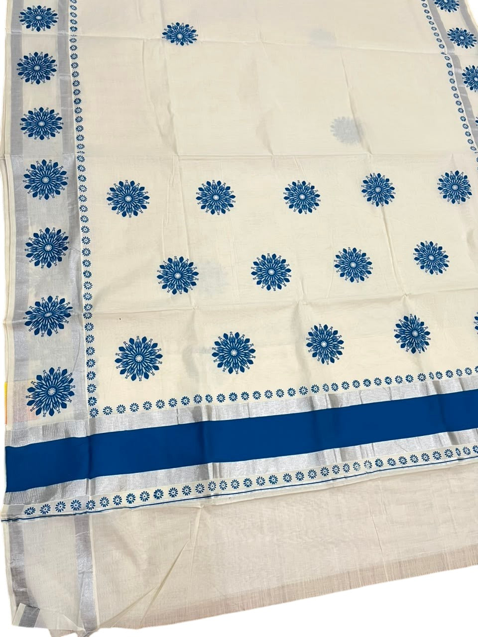 Southloom Cotton Kerala Kasavu Saree with Digital Print on Body in Blue SL533