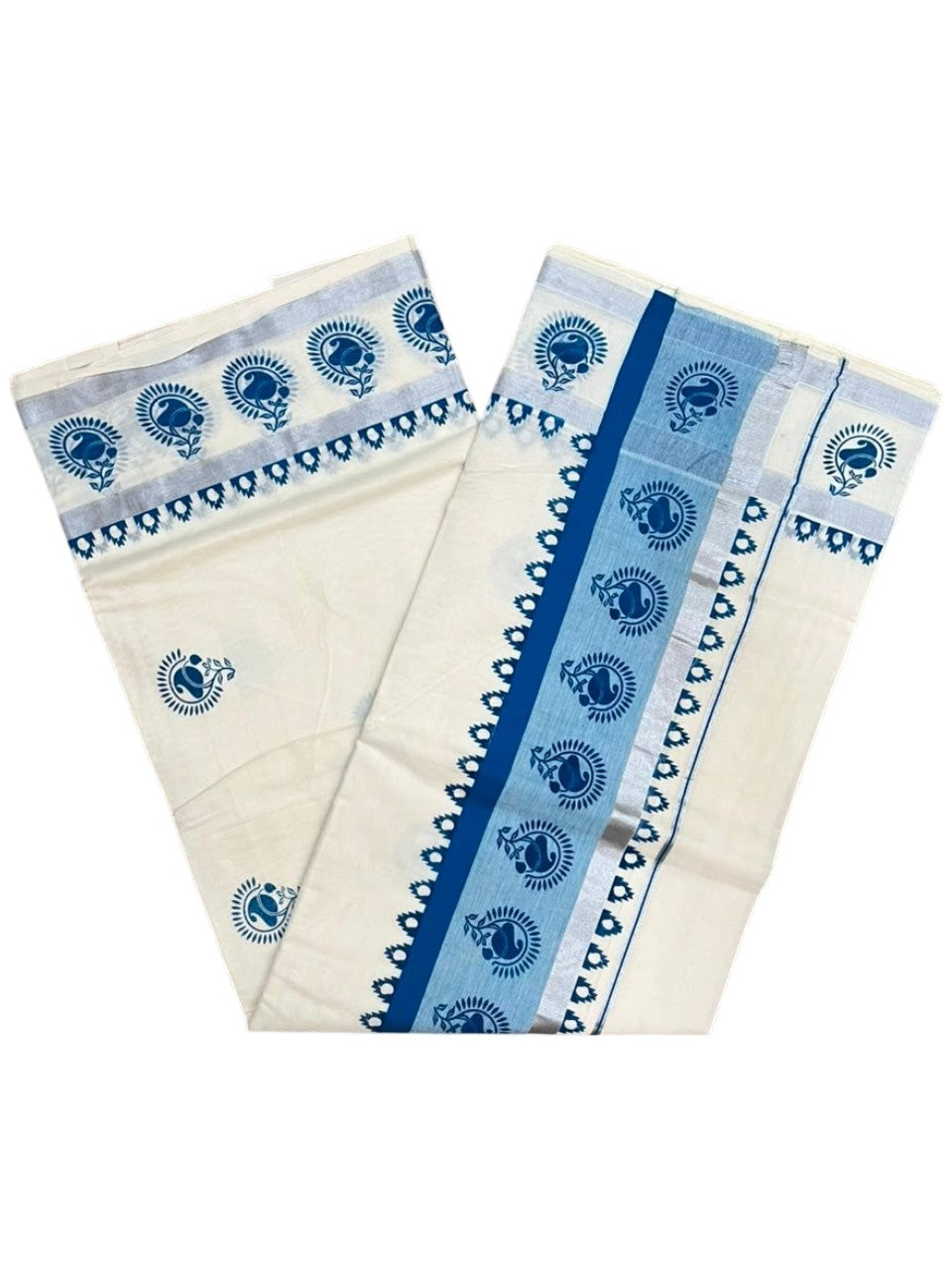 Southloom Cotton Kerala Kasavu Saree with Digital Print on Body in Blue SL533