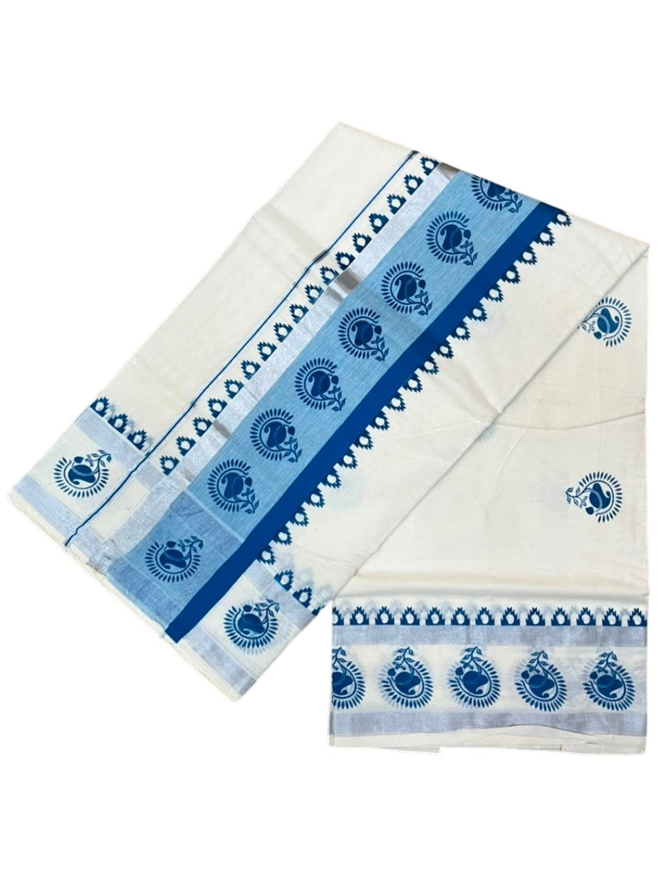 Southloom Cotton Kerala Kasavu Saree with Digital Print on Body in Blue SL533