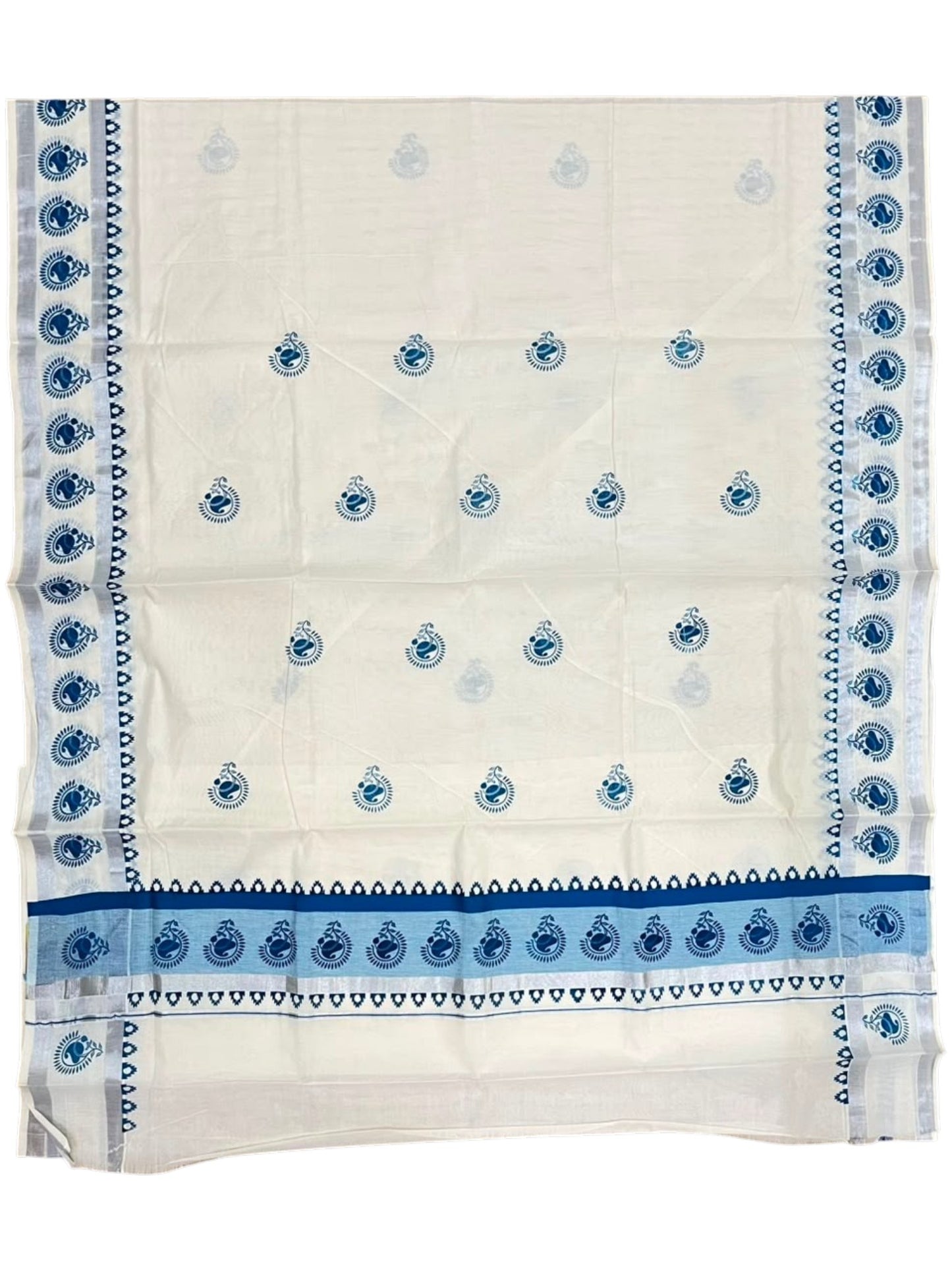 Southloom Cotton Kerala Kasavu Saree with Digital Print on Body in Blue SL533