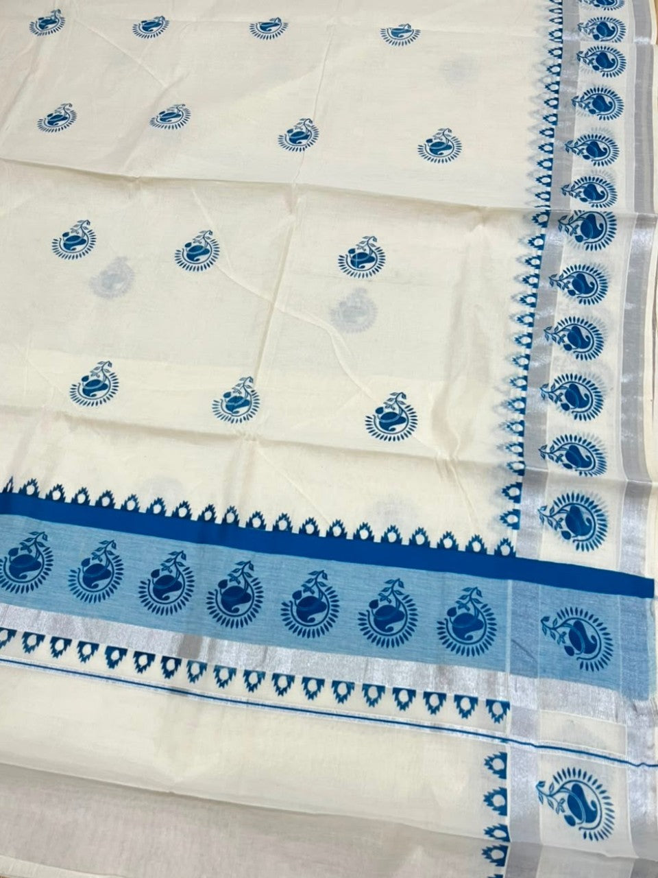 Southloom Cotton Kerala Kasavu Saree with Digital Print on Body in Blue SL533