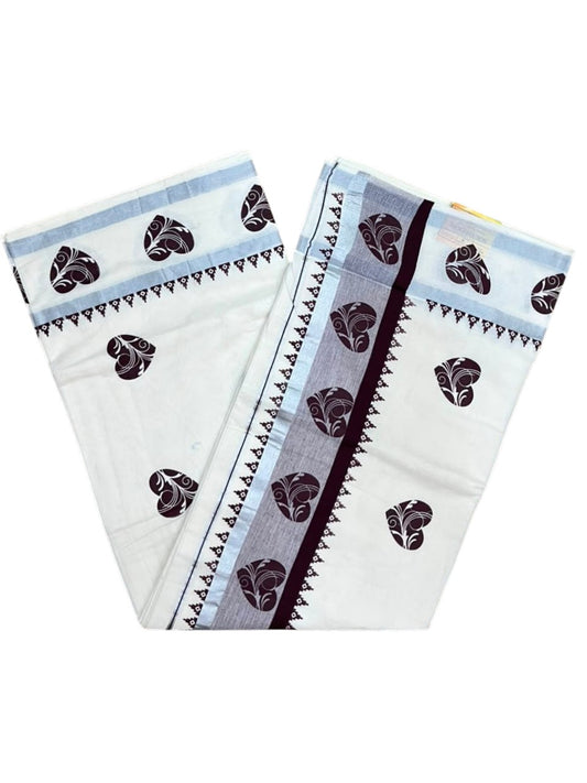 Southloom Cotton Kerala Kasavu Saree with Digital Print on Body in Brown SL533