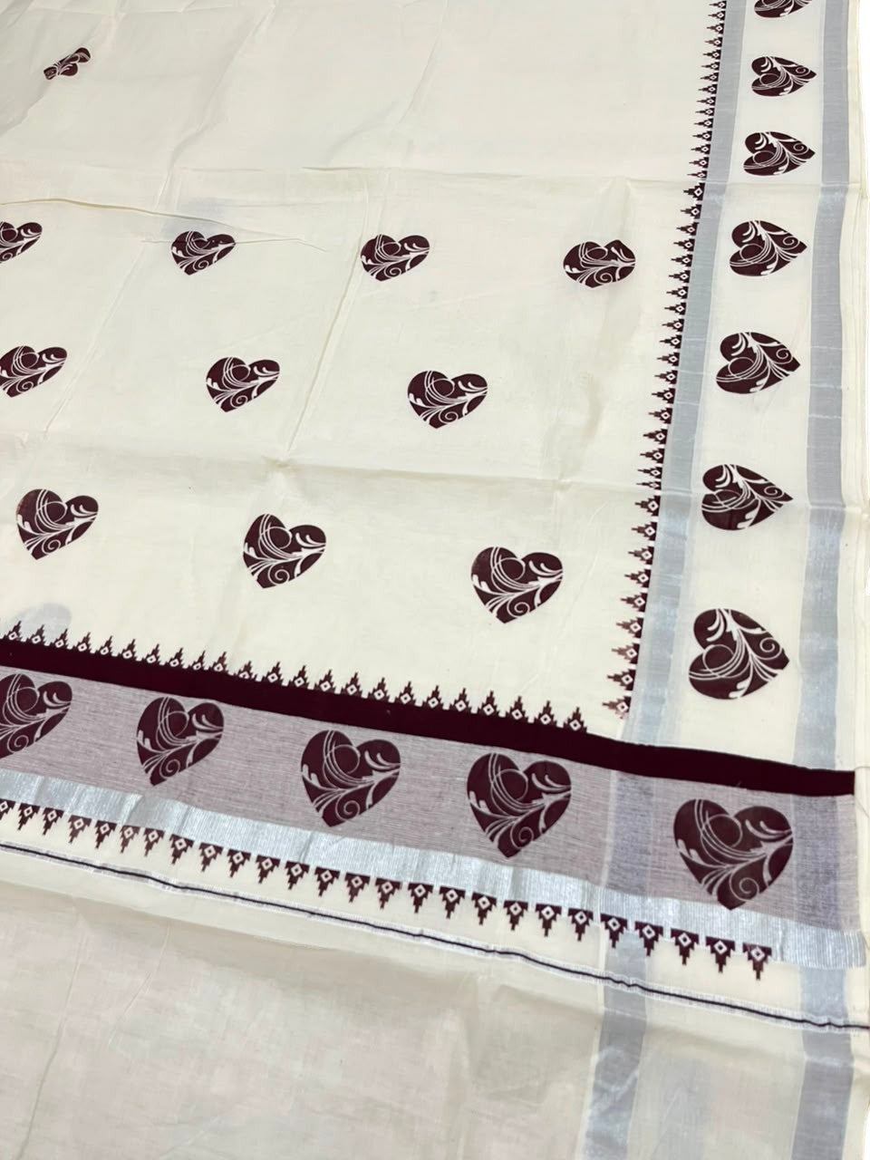 Southloom Cotton Kerala Kasavu Saree with Digital Print on Body in Brown SL533
