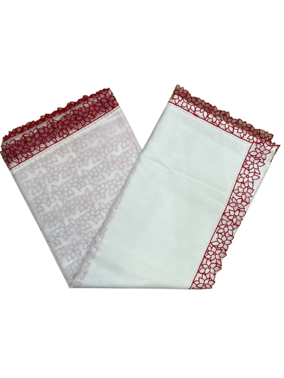 Southloom Net Kotta Saree with Plain Body and Floral Cut Work on Borders in Red