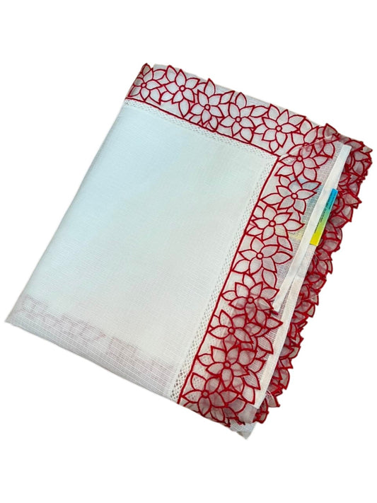 Southloom Net Kotta Saree with Plain Body and Floral Cut Work on Borders in Red