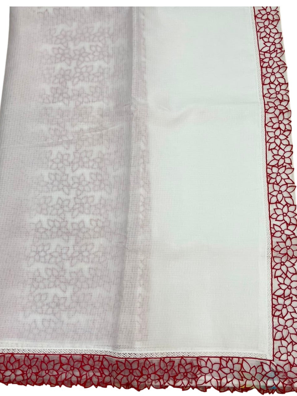 Southloom Net Kotta Saree with Plain Body and Floral Cut Work on Borders in Red