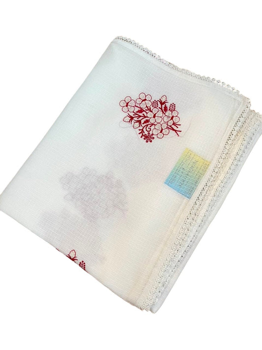 Southloom Net Kotta Saree with Floral Embroidery Work on Body in Red