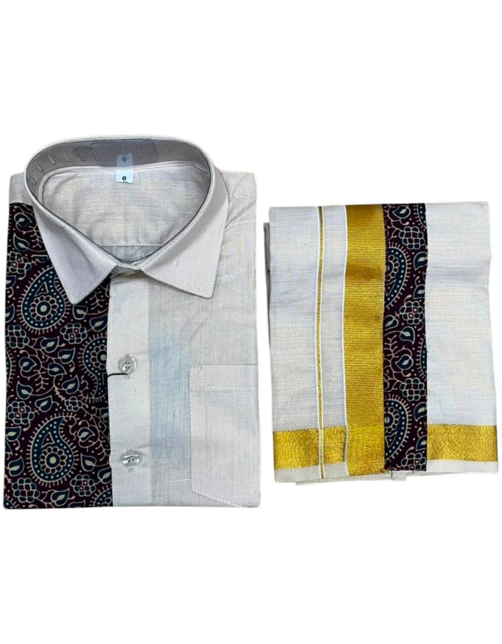 Southloom Tissue Ajrakh Printed Kids's Combo (Shirt + Velcro Mundu) SLKCOMBO