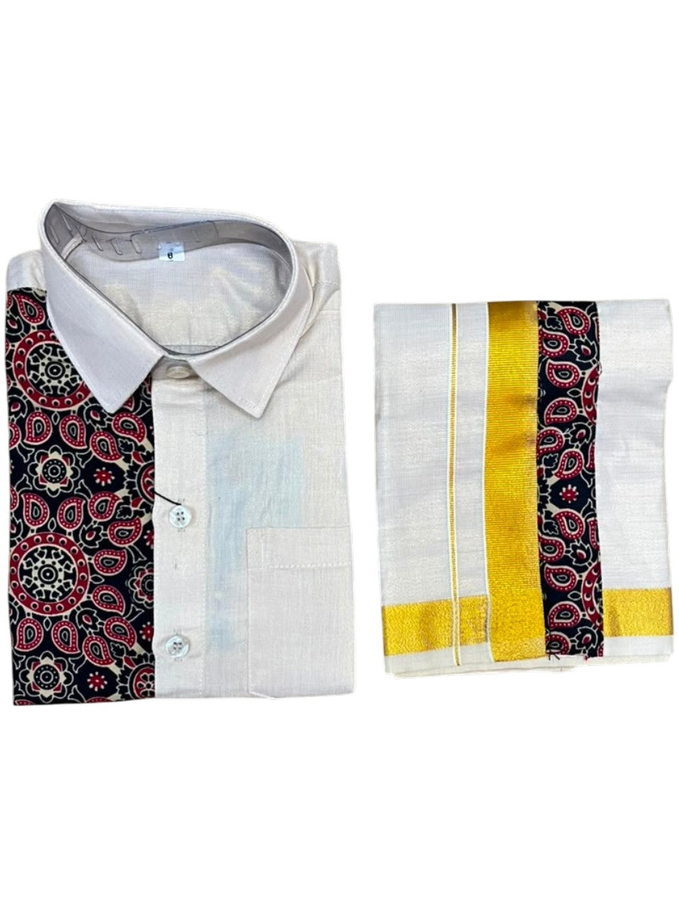 Southloom Tissue Ajrakh Printed Kids's Combo (Shirt + Velcro Mundu) SLKCOMBO
