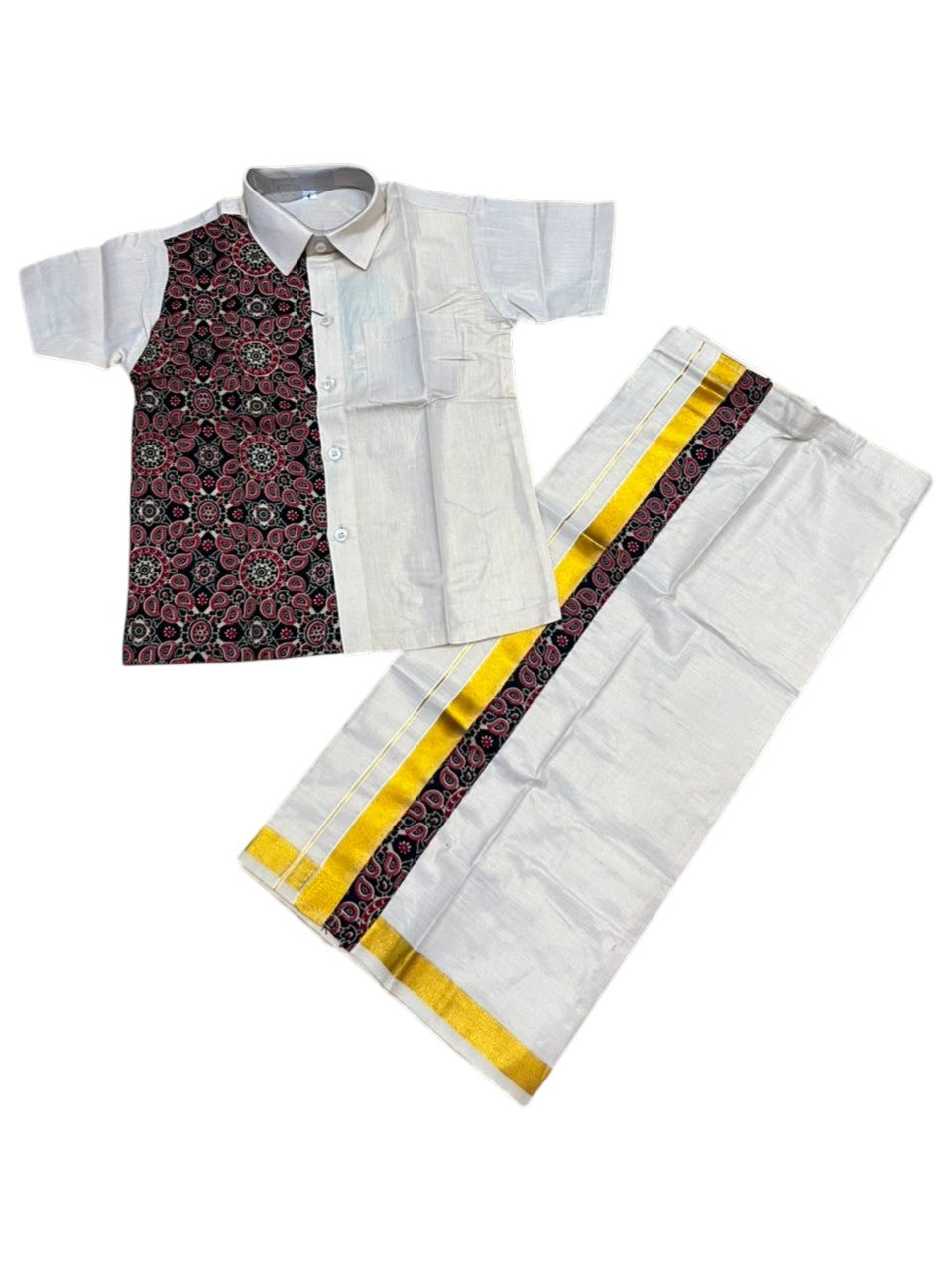 Southloom Tissue Ajrakh Printed Kids's Combo (Shirt + Velcro Mundu) SLKCOMBO