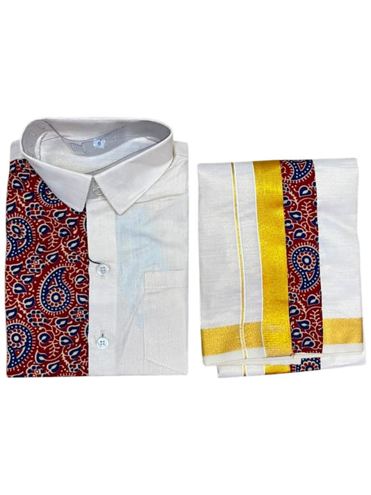 Southloom Tissue Ajrakh Printed Kids's Combo (Shirt + Velcro Mundu) SLKCOMBO