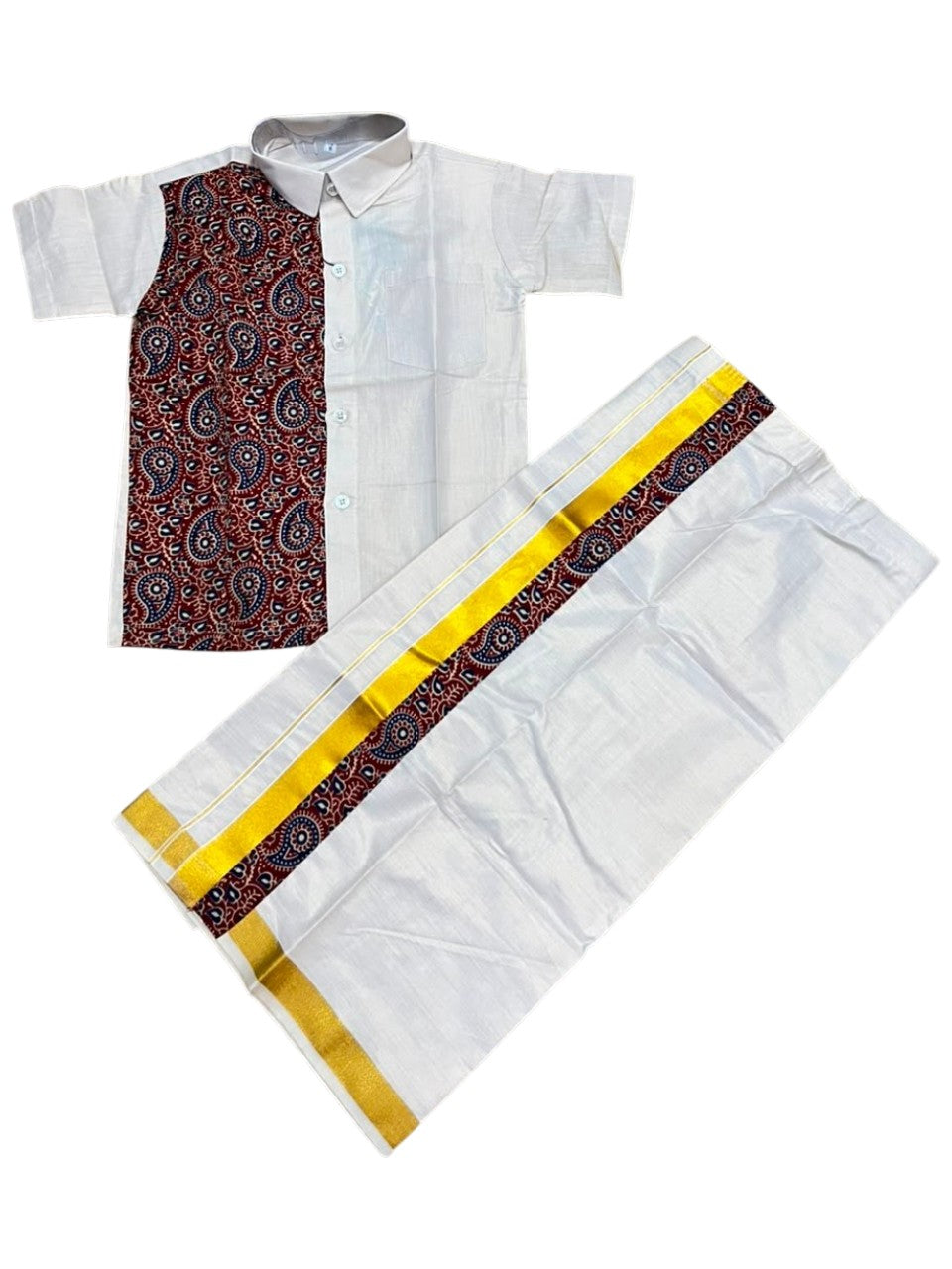 Southloom Tissue Ajrakh Printed Kids's Combo (Shirt + Velcro Mundu) SLKCOMBO