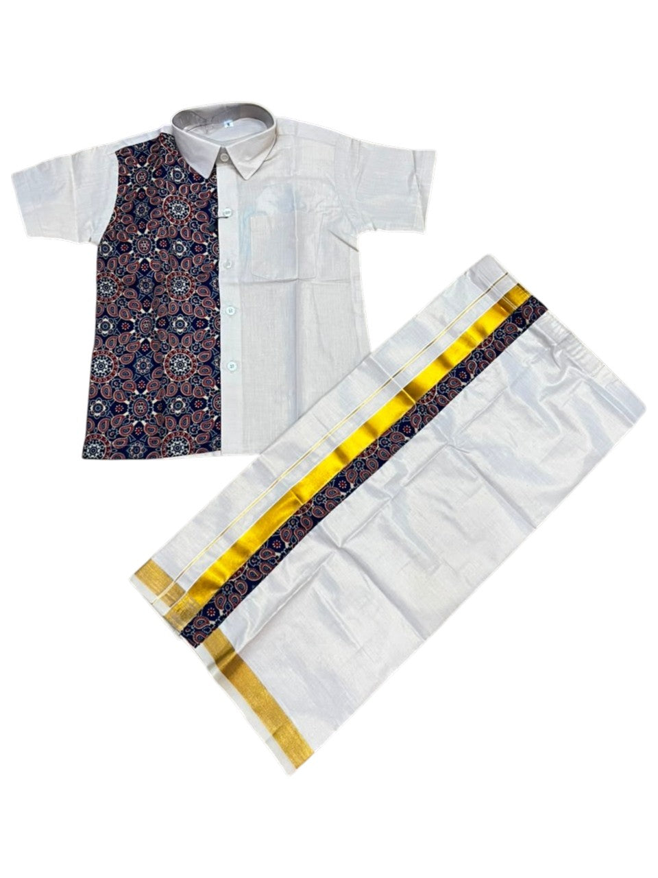 Southloom Tissue Ajrakh Printed Kids's Combo (Shirt + Velcro Mundu) SLKCOMBO